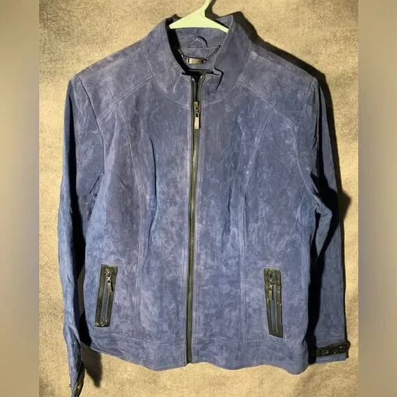 Dennis Basso leather suede blue bomber jacket - Picture 1 of 12